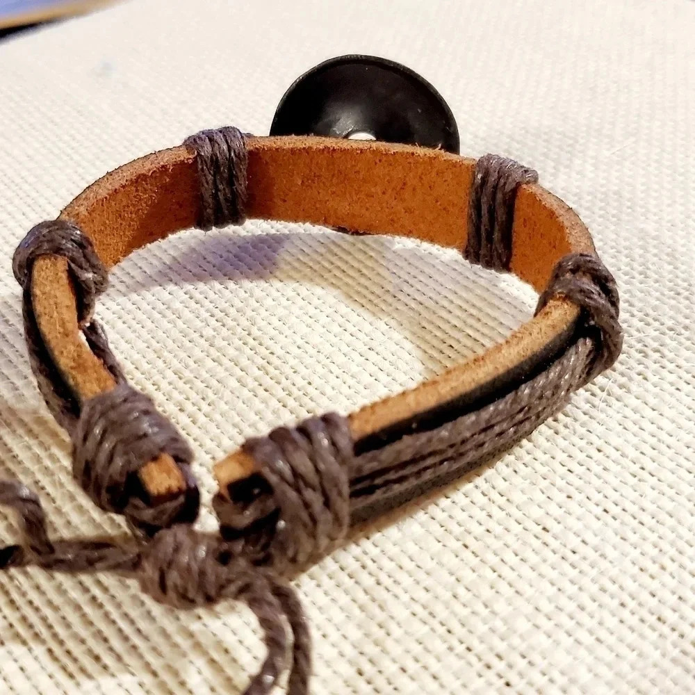 Aztec Sun Leather Cotton Bracelet Adjustable - Picture 4 of 6